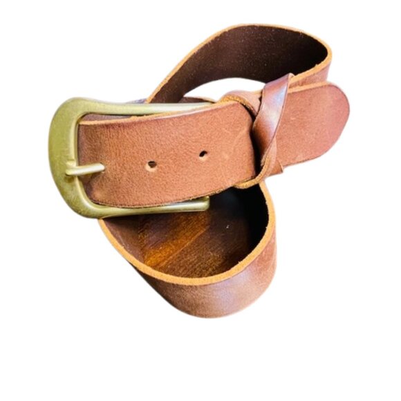 Vintage 90s GAP Genuine Leather Brown Wide Belt Brass Buckle Made in USA Small - Picture 3 of 8